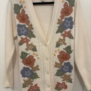 Floral Patterned Cream Cardigan Sweater